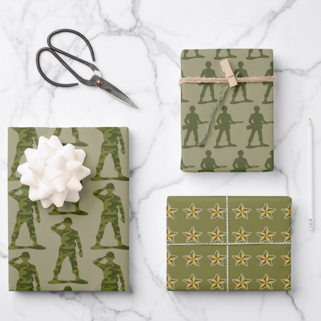 Feuille De Papier Cadeau Trio Hommes de l'Armée Verte (Recto)