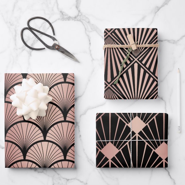 Feuille De Papier Cadeau Trio rose Gold & Black Art Déco (Recto)