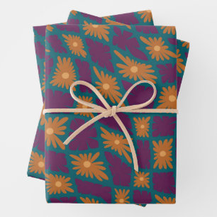 Feuille De Papier Cadeau Trippy super 60s Flower Checks Orange Rose