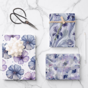 Feuille De Papier Cadeau Trois aquarelles florales abstraites lavande bleu