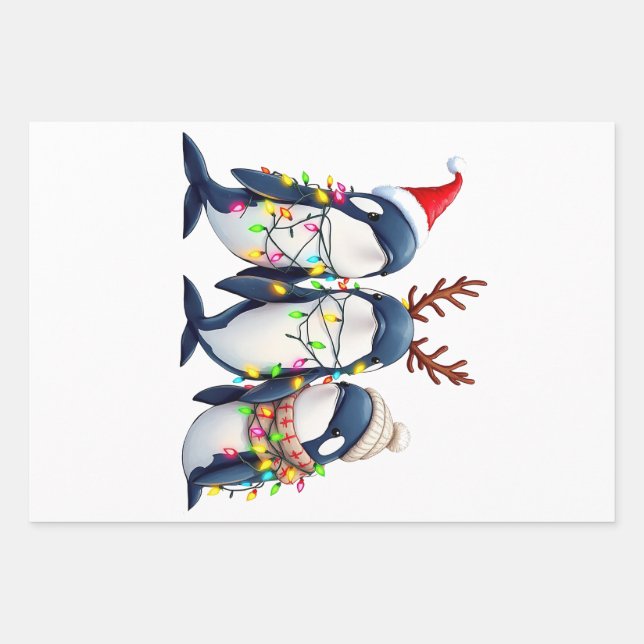 Feuille De Papier Cadeau Trois baleines portent le chapeau de Noël (Devant)