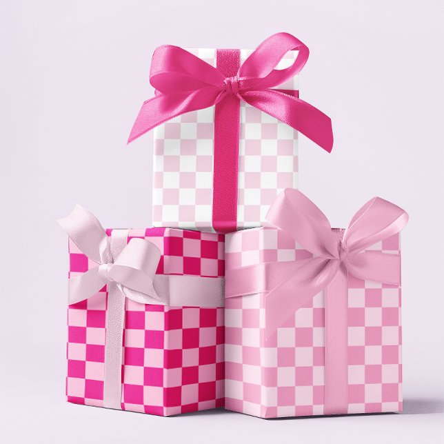 Feuille De Papier Cadeau Trois damier rose (Three Pink Checkerboard Wrapping Paper Sheets)