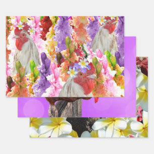 Feuille De Papier Cadeau Trois Dessins De Poulet, Enveloppement Cadeau, Feu