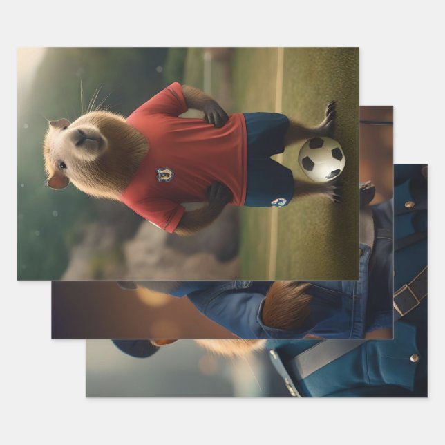 Feuille De Papier Cadeau Trois Images De Capybara Drôle, (Lot)