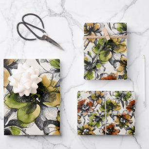 Feuille De Papier Cadeau Trois tailles Fleurs à l'encre et au lavis d'alcoo