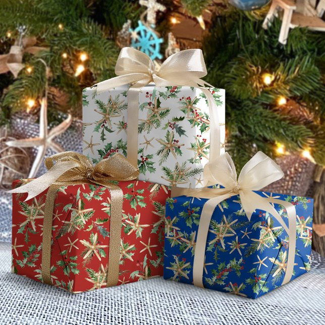 Feuille De Papier Cadeau Tropical Beach Christmas Starfish et Holly (Créateur téléchargé)