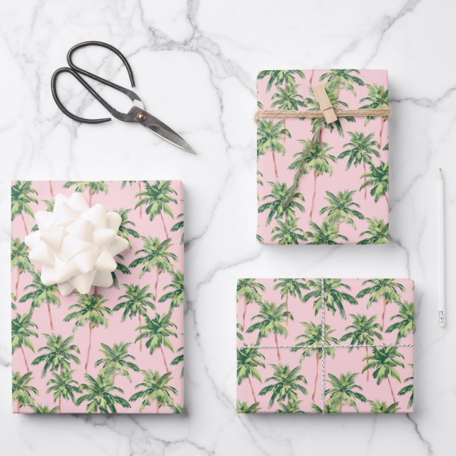 Feuille De Papier Cadeau Tropical Green Palm Trees on Pink (Recto)