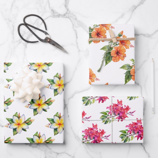 Feuille De Papier Cadeau Tropical jungle flowers hibiscus frangipani  (Recto)