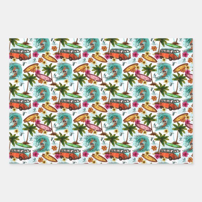 Feuille De Papier Cadeau Tropical Ocean Summer Surfer Kombi Van Adventure (Devant)