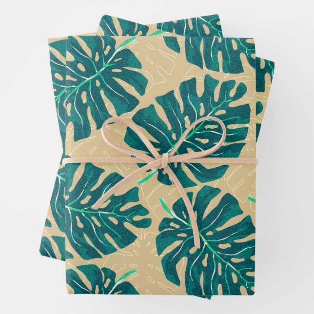 Feuille De Papier Cadeau Tropical Palm Turquoise Beige (En situation)