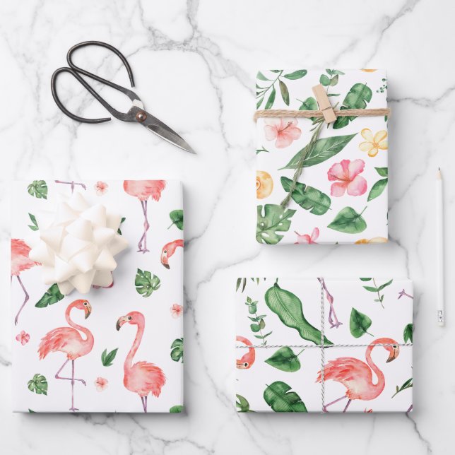Feuille De Papier Cadeau Tropical rose Flamingo (Recto)