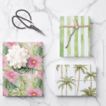 Feuille De Papier Cadeau Tropical rose floral vert rayures Mariage<br><div class="desc">Fleurs roses tropicales Grandes vertes Palmiers mariage douche nuptiale</div>