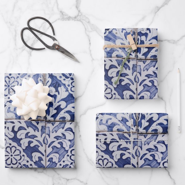 Feuille De Papier Cadeau Tuiles portugaises - Azulejo Floral bleu et blanc (Recto)