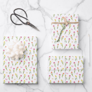 Feuille De Papier Cadeau Tulipes et papillons Motif blanc