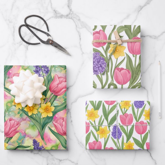 Feuille De Papier Cadeau Tulipes Jonquilles Jacinthes Trois Styles Différen (Recto)