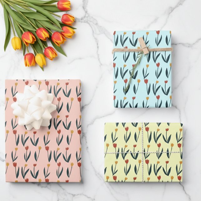 Feuille De Papier Cadeau Tulipes Simples Cadeau de Motif Floral de Printemp (Simple Tulips Easter Spring Floral Pattern Gift Wrapping Paper Sheets
)