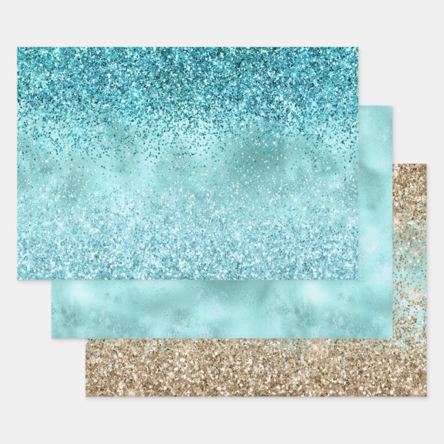 Feuille De Papier Cadeau Turquoise Aqua Gold Glam Parties scintillant (Lot)