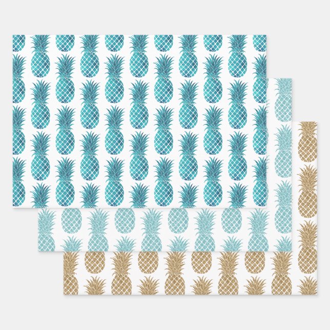 Feuille De Papier Cadeau Turquoise Aqua Gold Parties scintillant Ananas tro (Lot)