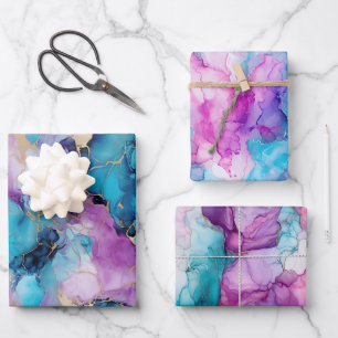 Feuille De Papier Cadeau Turquoise Aqua violet marbre or