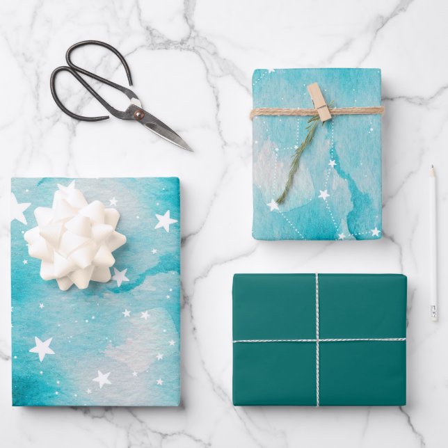 Feuille De Papier Cadeau Turquoise Bleu Céleste Étoiles (Recto)
