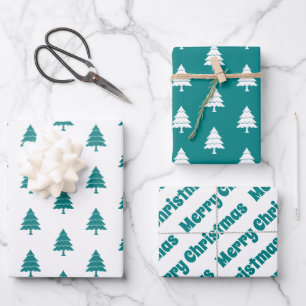 Feuille De Papier Cadeau Turquoise bleu et blanc arbres Joyeux Noël