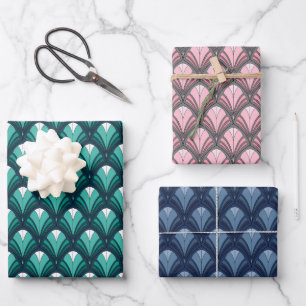 FEUILLE DE PAPIER CADEAU TURQUOISE BLUE PINK GRAY ART DÉCO MOTIFS