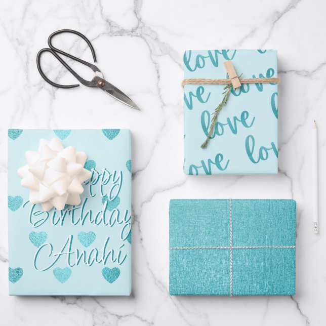 Feuille De Papier Cadeau Turquoise Faux Foil Coeurs Amour Script | Turquois (Recto)