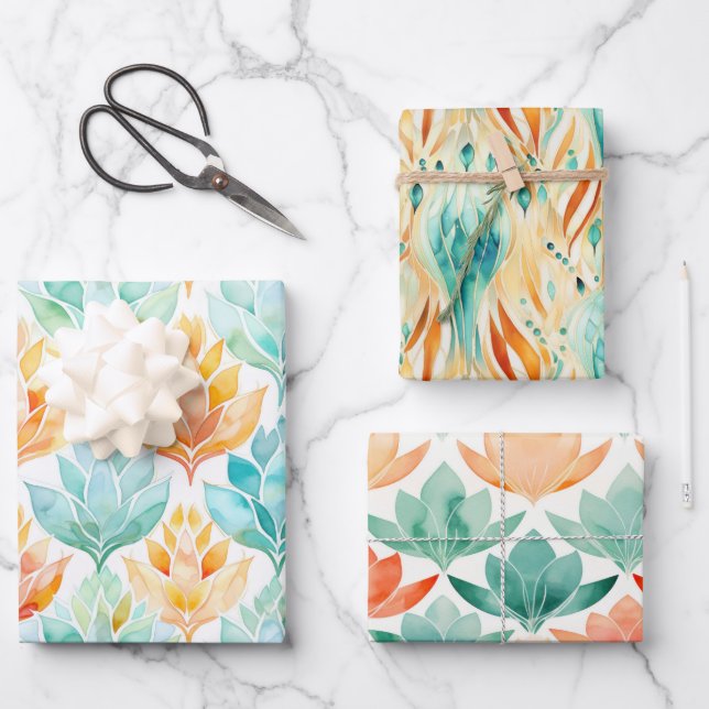 Feuille De Papier Cadeau Turquoise Mandarine Abstrait Bijou Floral (Recto)