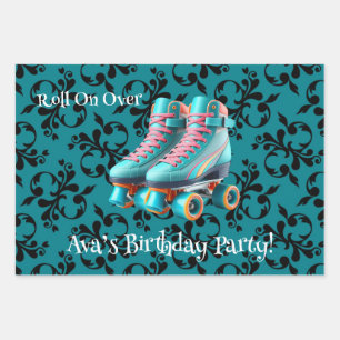 Feuille De Papier Cadeau Turquoise Neon Roll Sur Patinage Anniversaire