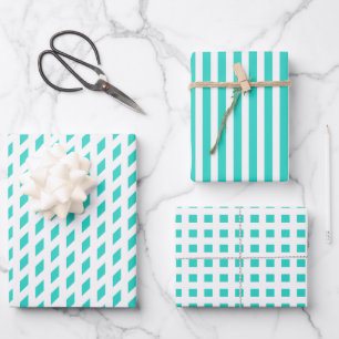 Feuille De Papier Cadeau Turquoise rayures blanches vérifier le motif géo