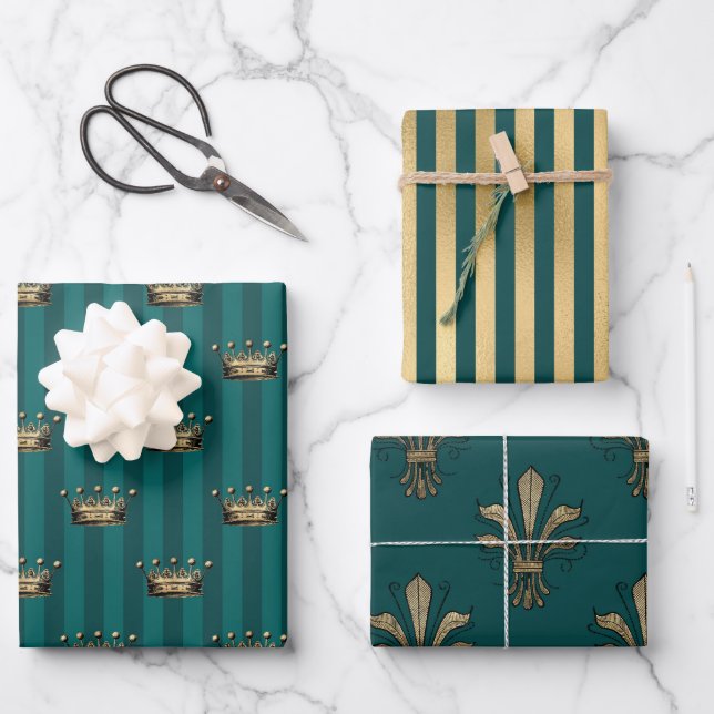 Feuille De Papier Cadeau Turquoise - Sarcelle et Or Thème Paris (Recto)