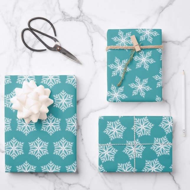 Feuille De Papier Cadeau Turquoise Turquoise Snowflakes Festive Noël (Recto)