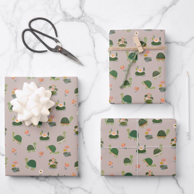 Feuille De Papier Cadeau Turtles & Lily Pads on Light Brown (Recto)