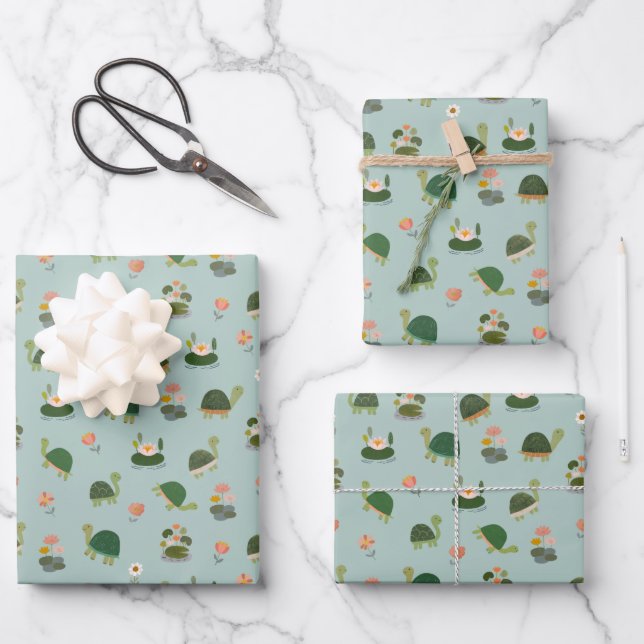 Feuille De Papier Cadeau Turtles & Lily Pads on Pistachio Green (Recto)