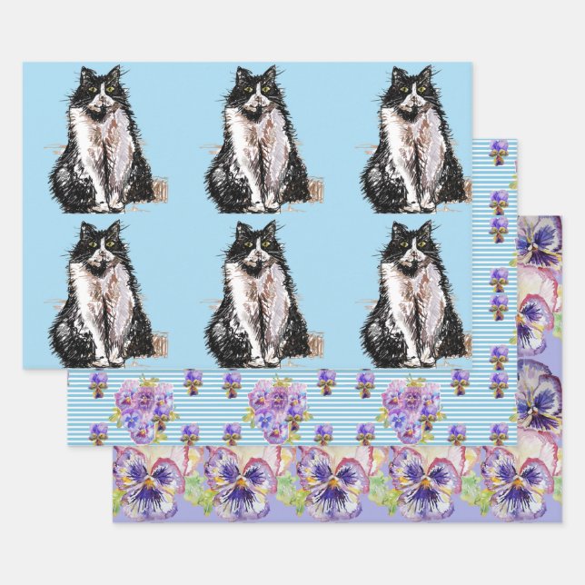 Feuille De Papier Cadeau Tuxedo Chat Chats Fleur bleue Aquarelle Peinture (Lot)