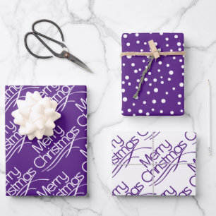 Feuille De Papier Cadeau Typographie de Noël blanc violet et vacances de po