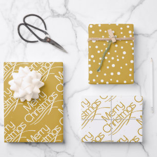 Feuille De Papier Cadeau Typographie de Noël en or et blanc et points de fê