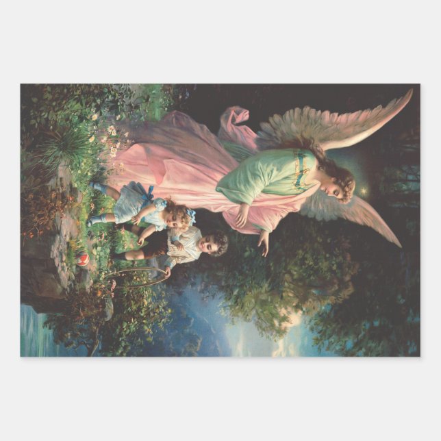 Feuille De Papier Cadeau Un ange gardien protégeant les enfants près d'une  (Devant)