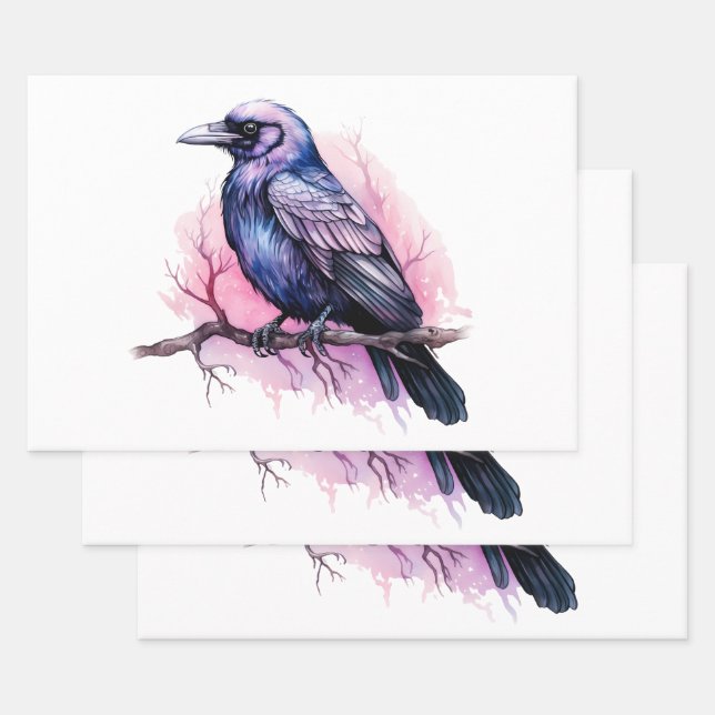 Feuille De Papier Cadeau Un Corbeau noir sur une branche (Lot)