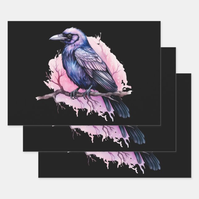 Feuille De Papier Cadeau Un Corbeau noir sur une branche (Lot)
