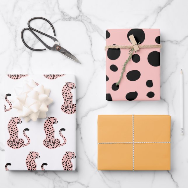 Feuille De Papier Cadeau Un Empreinte de léopard rose orange sauvage premie (Recto)