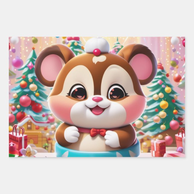Feuille De Papier Cadeau Un joli personnage rond ressemblant à un chipmunk (Devant)