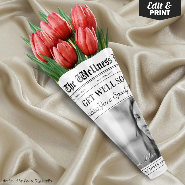 Feuille De Papier Cadeau Un journal éditable se débrouiller bientôt Bouquet (Editable Newspaper Get Well Soon Flower Bouquet Wrapping Paper Sheets)