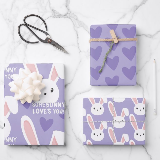Feuille De Papier Cadeau Un lapin vous aime Coeurs mignons Violet Valentine (Recto)