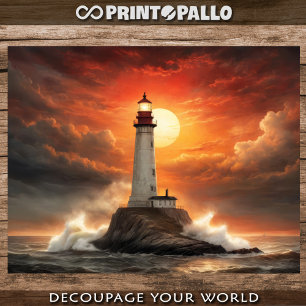Feuille De Papier Cadeau Un phare au coucher du soleil dans une mer orageus