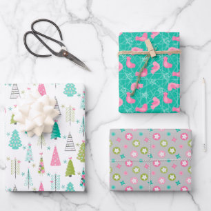 Feuille De Papier Cadeau Un sapin de Noël minimaliste moderne, rose Turquo