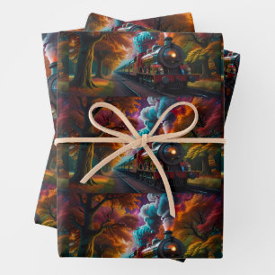 Feuille De Papier Cadeau Un train à vapeur se fraie un chemin à travers les