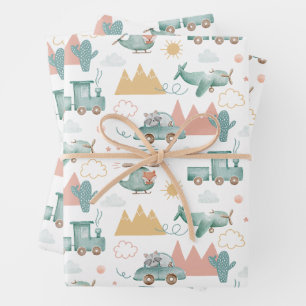 Feuille De Papier Cadeau Un transport et un animal amusants. Enfants motif 