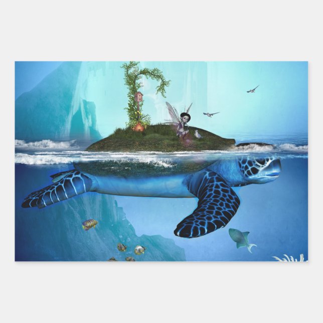 Feuille De Papier Cadeau Une tortue aux fées et aux oiseaux (Devant)
