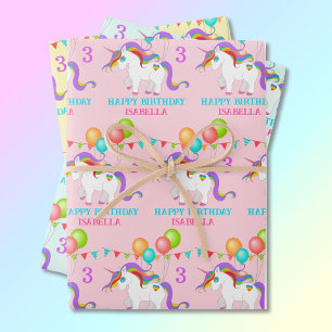 Feuille De Papier Cadeau Unicorn Anniversaire Personnaliser Nom 3 Coloré